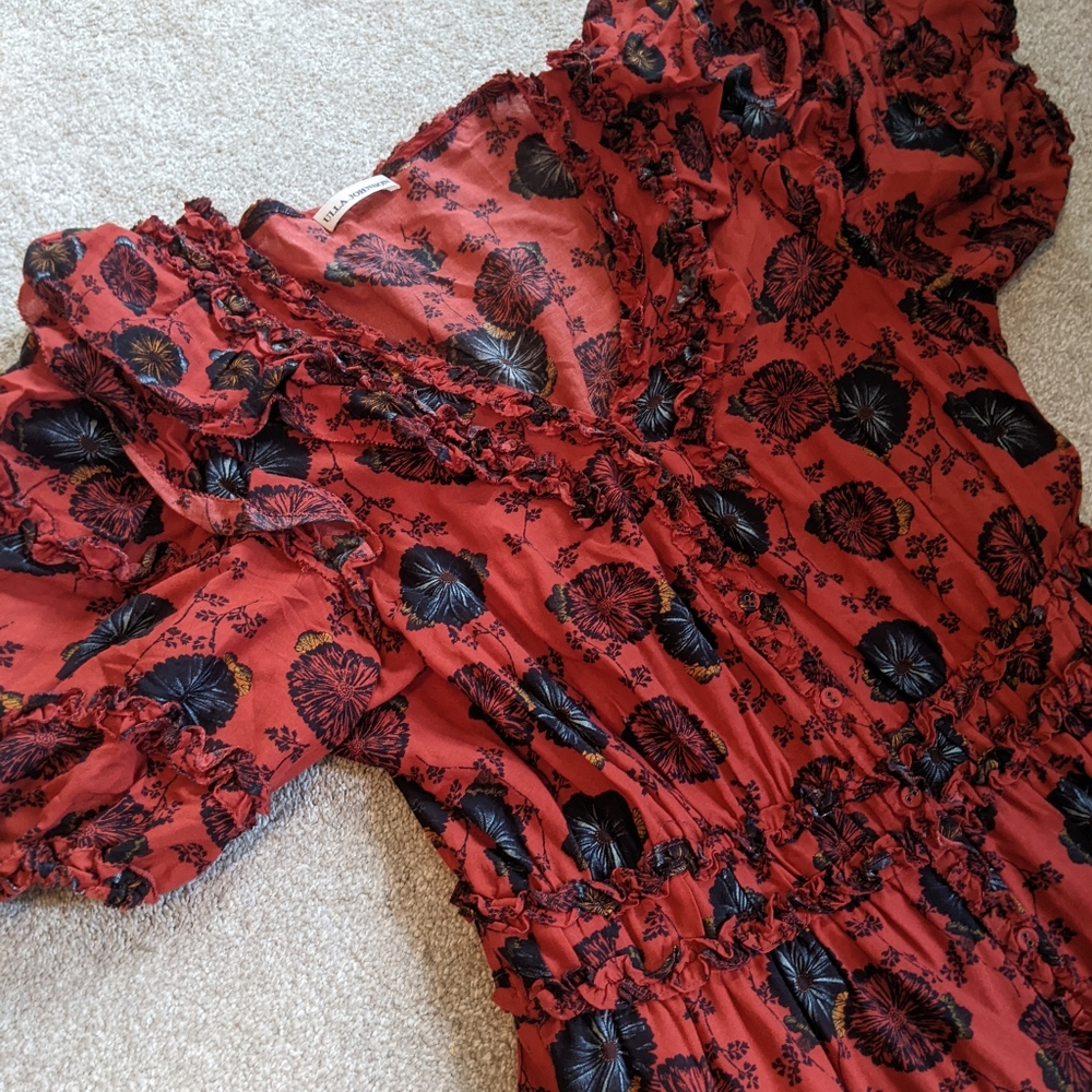 Ulla Johnson Red Floral Midi Dress with Black Accents - Picture 6 of 6
